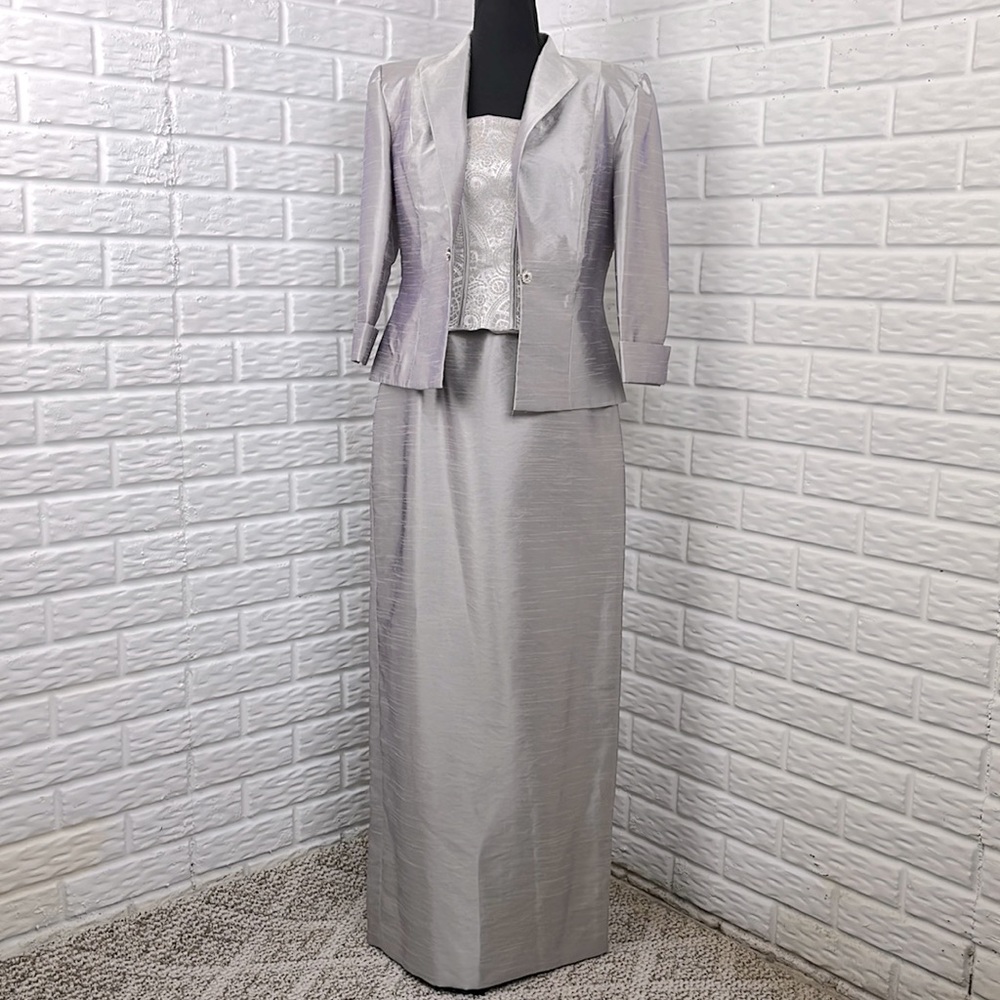 CACHET 2 Piece Silver Metallic Formal Wear Jacket Dress Mother of the Bride SZ 8
